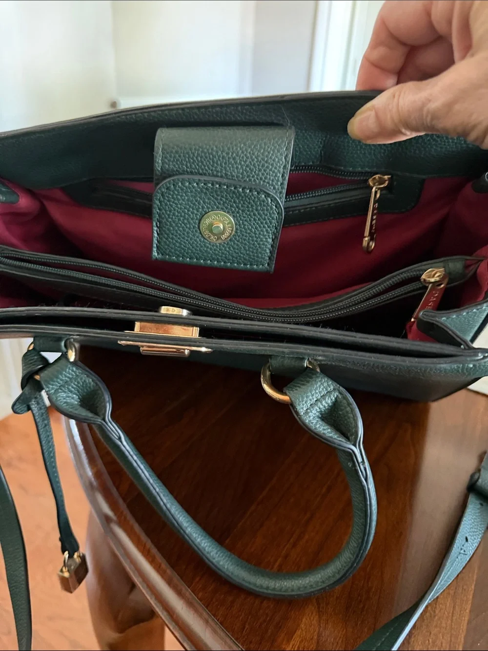 Structured Emerald Green Leather Satchel with Gold Hardware